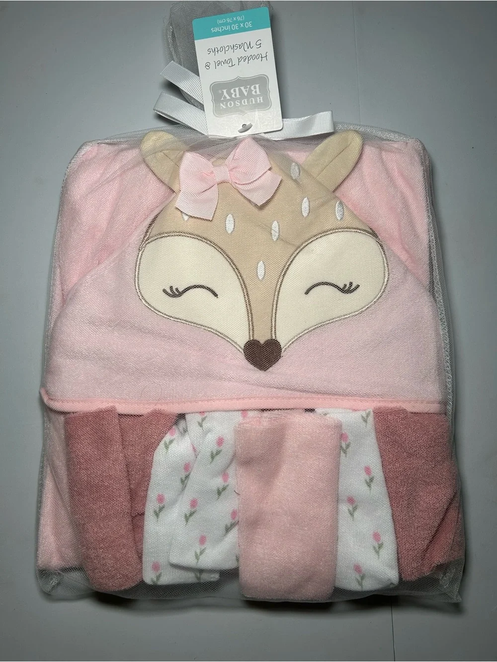 Hudson Baby Pink Deer Hooded Towel Set with Floral Washcloths Babygirl Babyshowe
